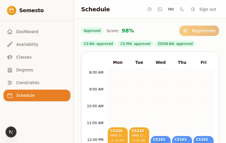 Generated schedule with colored class blocks